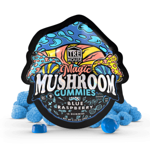 Front of Tre House Blue Raspberry Mushroom Gummies package with vibrant blue raspberry design