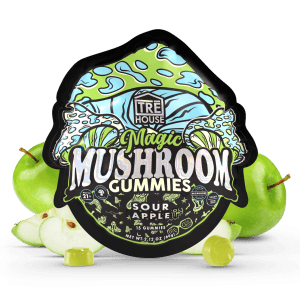 Front of Tre House Sour Apple Mushroom Gummies package with vibrant green apple design