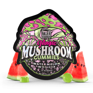 Front of Tre House Watermelon Mushroom Gummies package with vibrant watermelon design