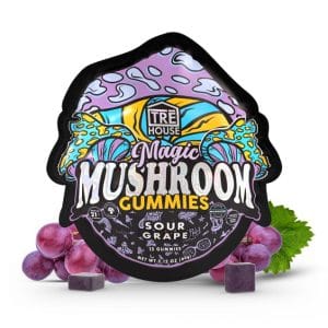 Front of Sour Grape Magic Mushroom Gummies package with vibrant grape design