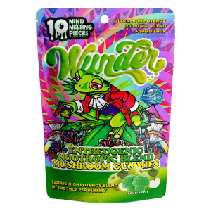 Front of Sour Apple Mushroom Gummies with THCp package featuring vibrant sour apple-inspired artwork with sleek, modern design