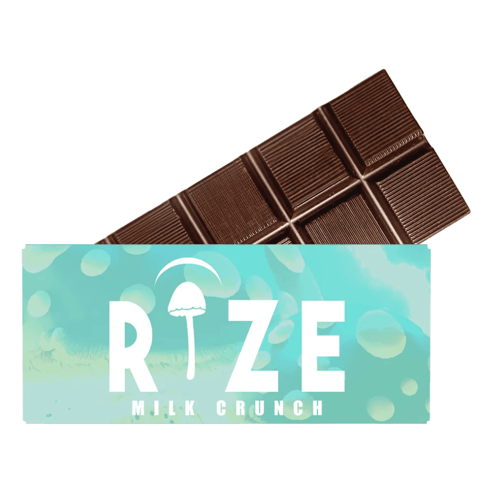 Front of Rize Milk Crunch Mushroom Chocolate Bar package featuring sleek design with creamy milk chocolate and crunchy accents
