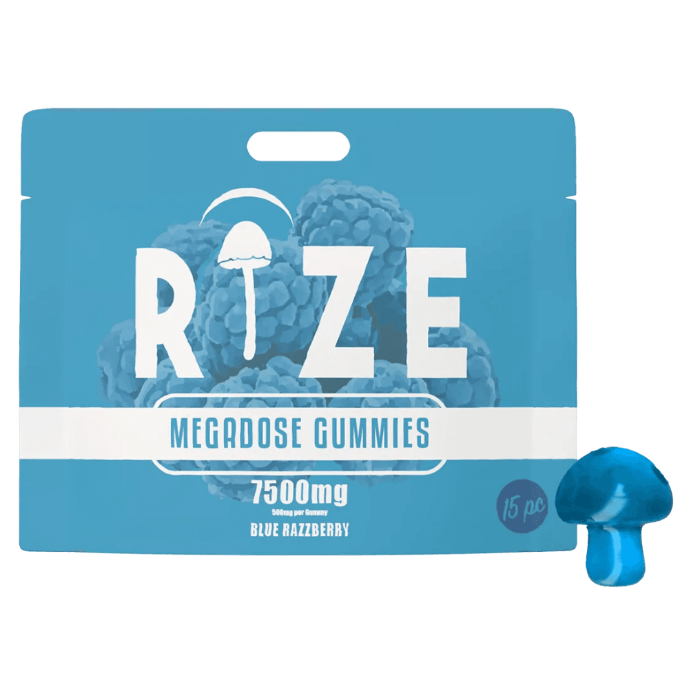 Front of Rize Blue Razzberry Mushroom Gummies package featuring sleek design and vibrant blue razzberry-inspired artwork
