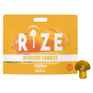 Front of Rize Mango Mushroom Gummies package featuring sleek design and vibrant mango-inspired artwork