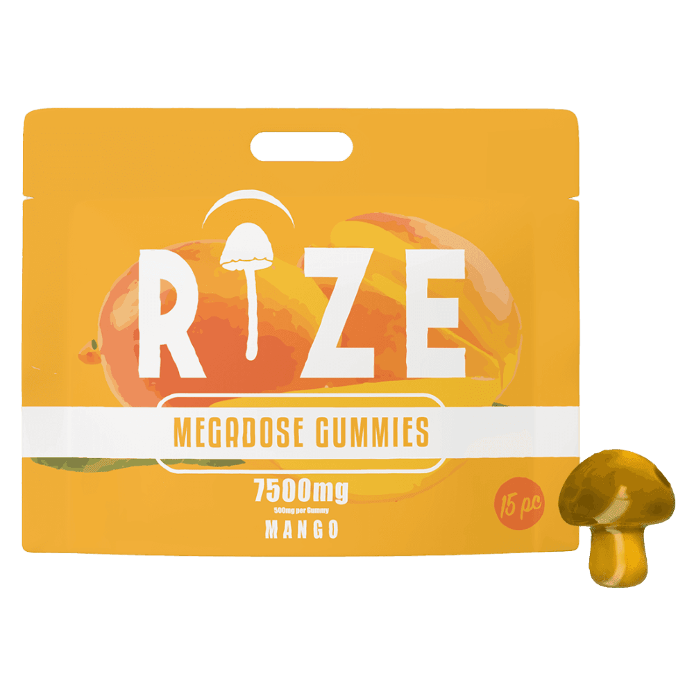 Front of Rize Mango Mushroom Gummies package featuring sleek design and vibrant mango-inspired artwork