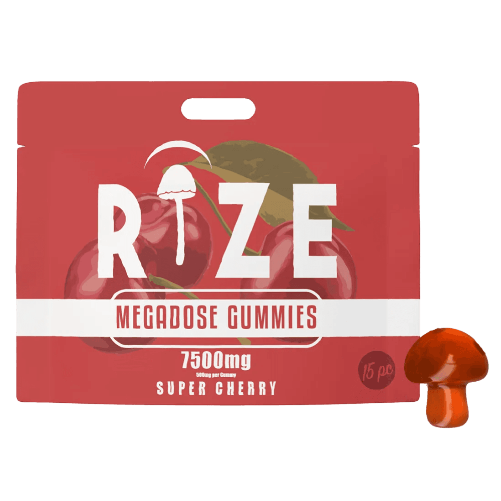 Front of Rize Super Cherry Mushroom Gummies package featuring sleek design and bold cherry-inspired artwork