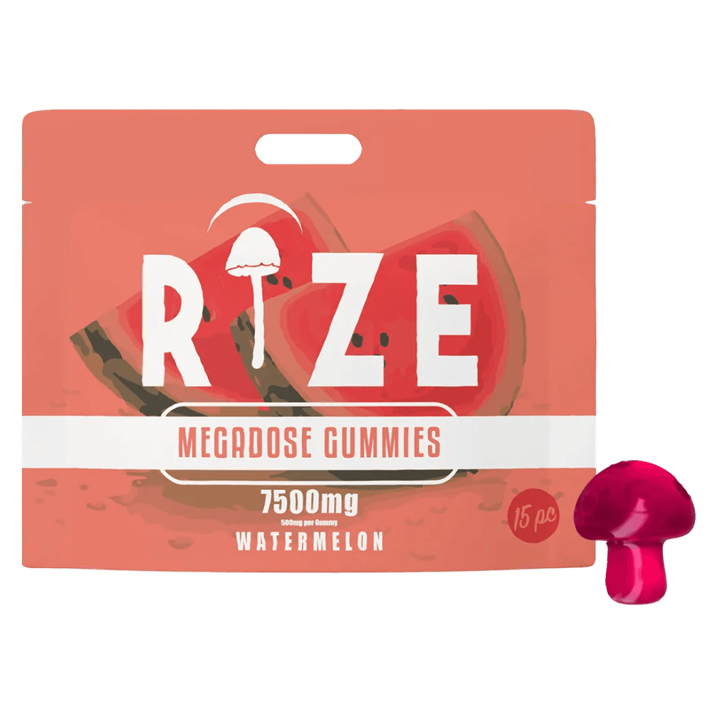 Front of Rize Watermelon Mushroom Gummies package featuring sleek design and vibrant watermelon-inspired artwork