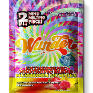 Front of 2ct High Potency Strawnana Mushroom Gummies package featuring vibrant strawberry and banana-inspired artwork with sleek, modern design