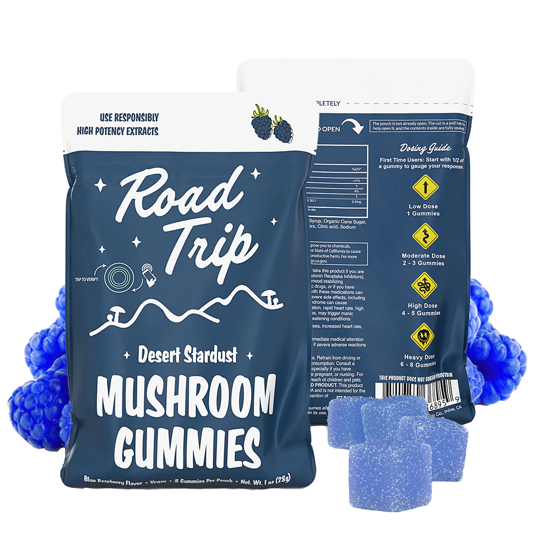 Road Trip Blue Raspberry Mushroom Gummies – front and back of packaging with dosing guide and blue gummy cubes shown.