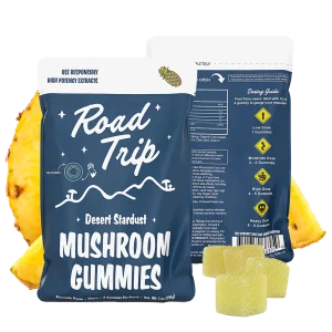Road Trip Pineapple Mushroom Gummies – front and back of pouch shown with yellow gummies and pineapple slices.