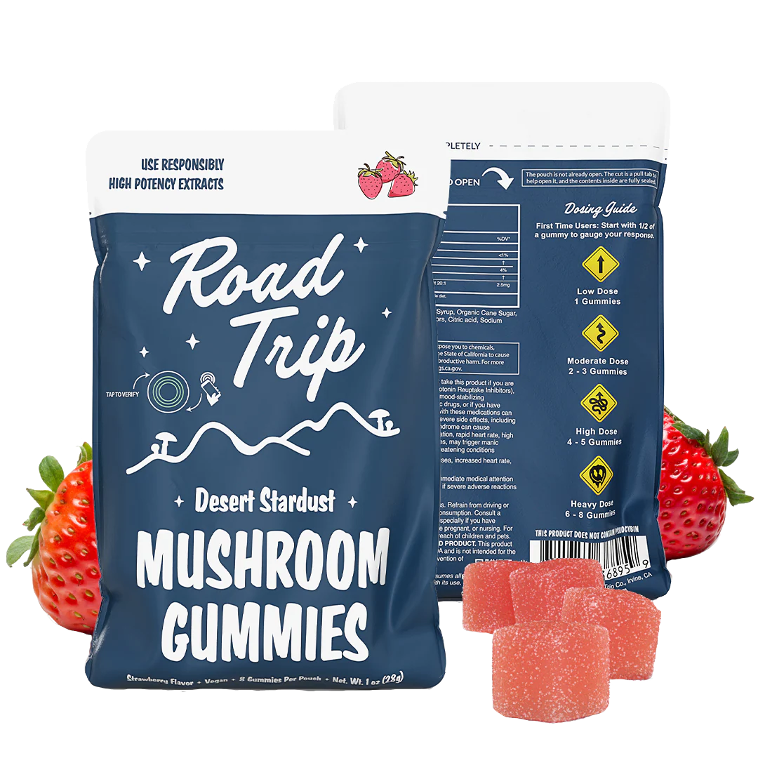 Road Trip Strawberry Mushroom Gummies – front and back of pouch shown with red gummies and strawberries.