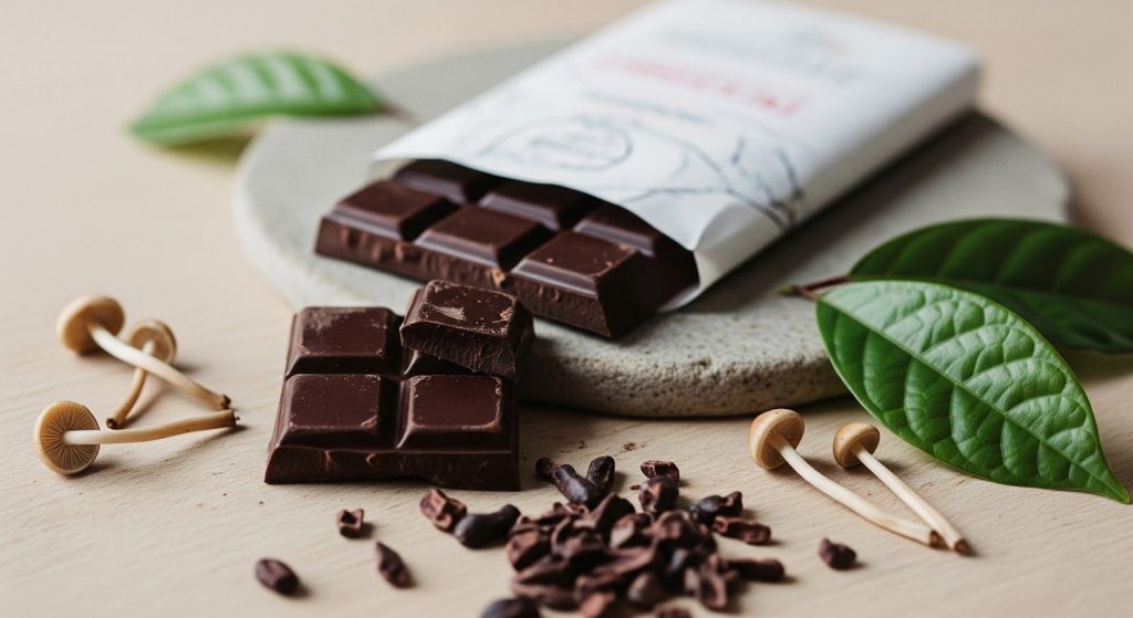 A close-up of a partially unwrapped dark chocolate bar on a round stone slab, surrounded by cacao nibs, small tan mushrooms with long stems, and glossy green leaves on a light wooden surface.