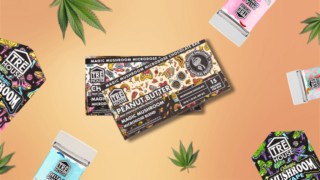 A colorful display of Tre House products on a peach background, featuring magic mushroom chocolate bars labeled “Peanut Butter” and “Milk Chocolate,” along with vape and gummy packaging. Cannabis leaves are scattered around the image for decoration.
