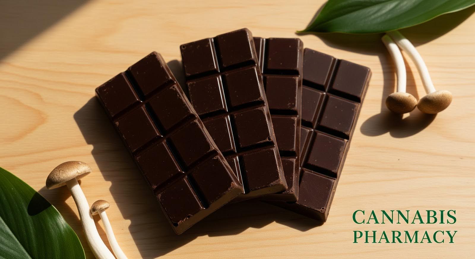 Three dark chocolate bars are arranged on a light wooden surface, surrounded by small mushrooms and green leaves. The text “Shroom Time” appears in the bottom right corner.