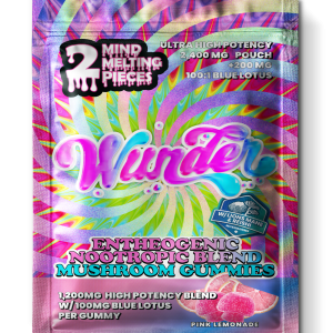 Displaying pink lemonade gummy product packaging with blue lotus blend