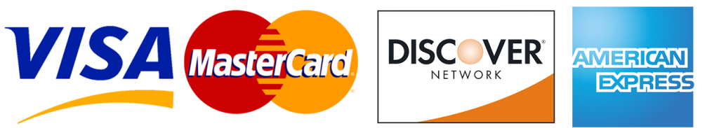 Displaying accepted payment methods including Visa Mastercard Amex and Discover