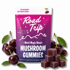 Road Trip Motel Magic Juicy Peach mushroom gummies with high potency extract, 8 count, available at Shroomtime.