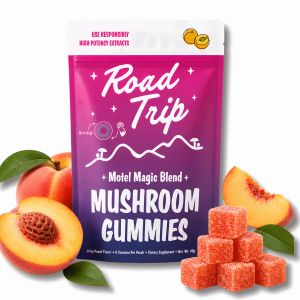 Road Trip Motel Magic Juicy Peach mushroom gummies with high potency extract, 8 count, available at Shroomtime.